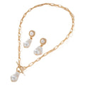 Retro baroque pearl necklace and ear stud set in gold-tone iron jewellery for women