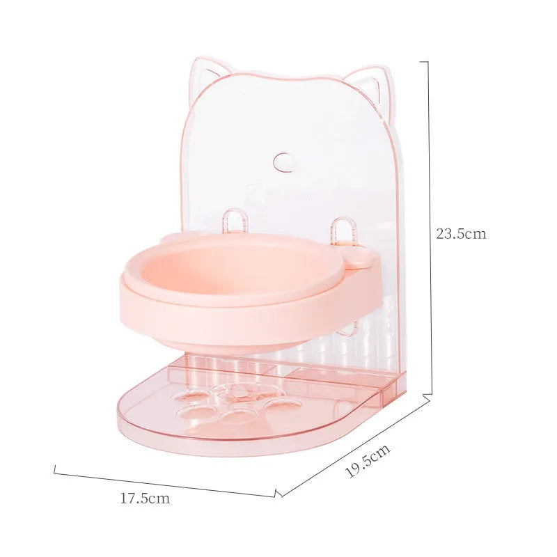 Grey adjustable height cat feeding bowl with cat ears and removable cage on a white background.