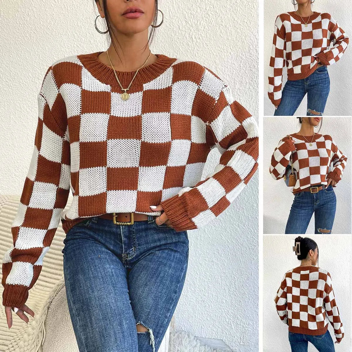 Dark brown chessboard plaid loose round neck pullover sweater with long sleeves