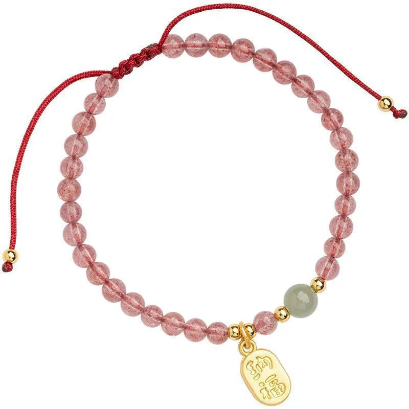 Hand-woven red rope bracelet with strawberry quartz and garnet beads in national tide style
