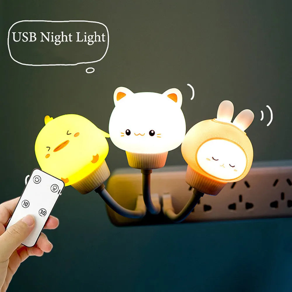 Cartoon bear-shaped USB night light with remote control on bedside table