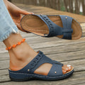 Roman style slippers with slope heel and fish mouth toe in blue, black, white, beige, red, or brown colours