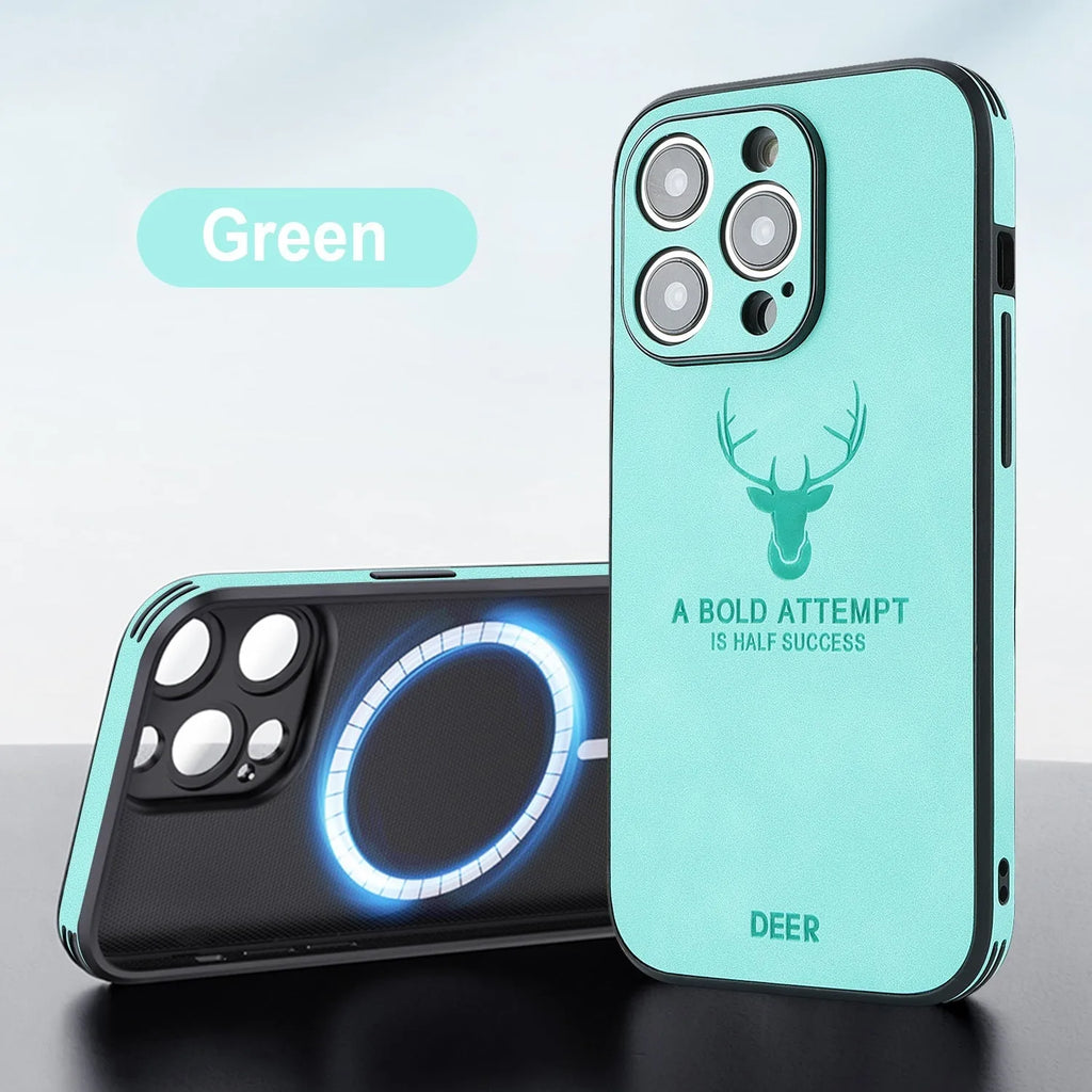 iPhone 16 imitation leather phone case with 3D embossed moose head print design