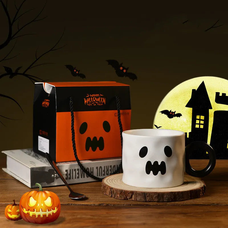 15cm pumpkin ceramic mug with handle in orange or white, with spoon and gift box