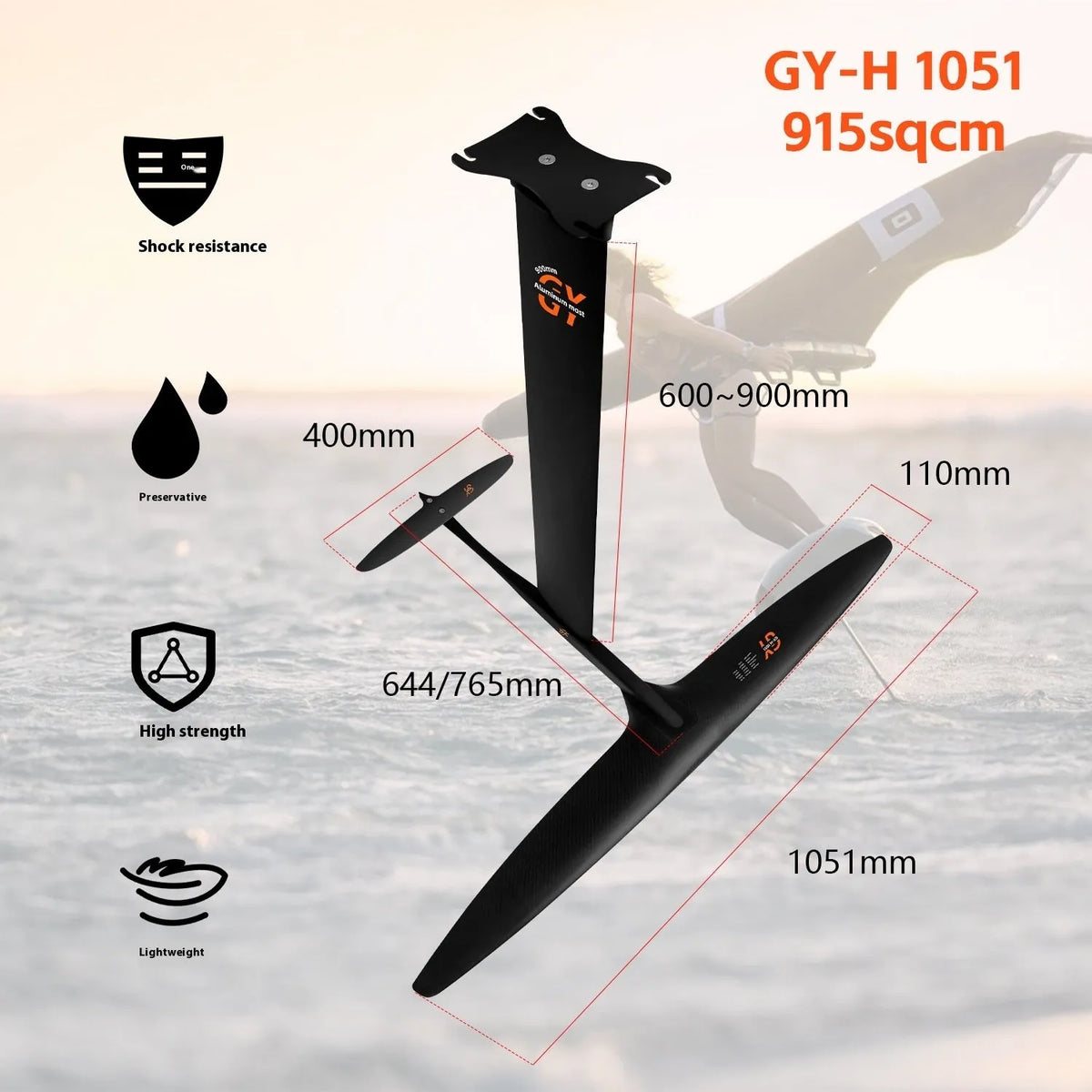 Black carbon fibre and aluminium alloy racing surf hydrofoil with wide front wing.