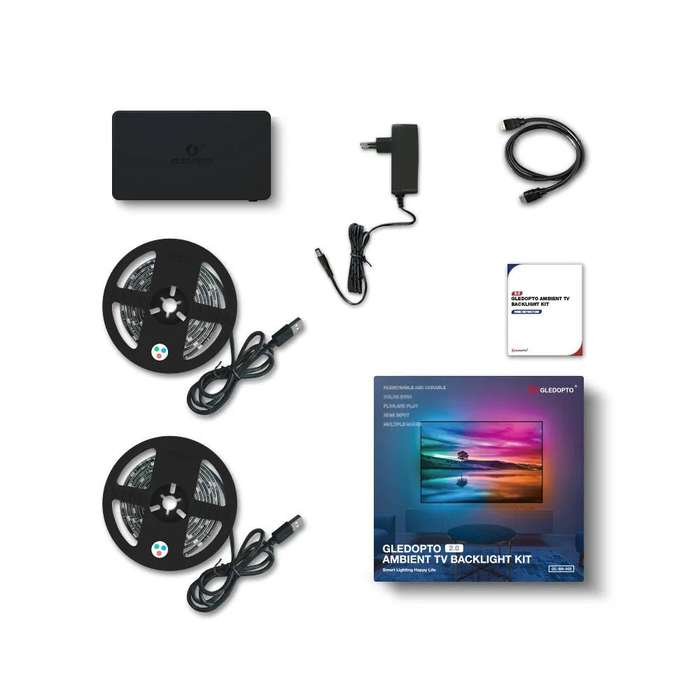 HDMI SYNC RGB LED lighting controller kit with 2 metre light strip, cable, and junction box