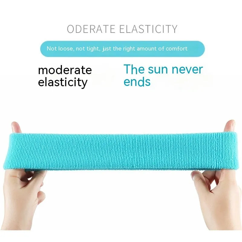 Widening elastic sports sweat headband in black, red, blue, rose red and sky blue colours.