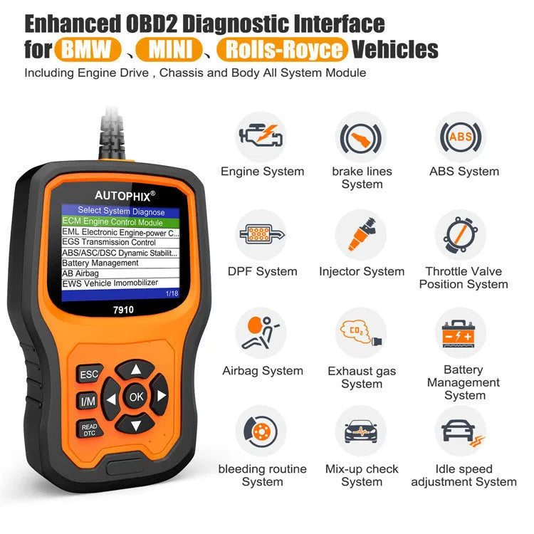 Autophix 7910 BMW diagnostic scanner tool with OBD2 connector for vehicle fault code reading