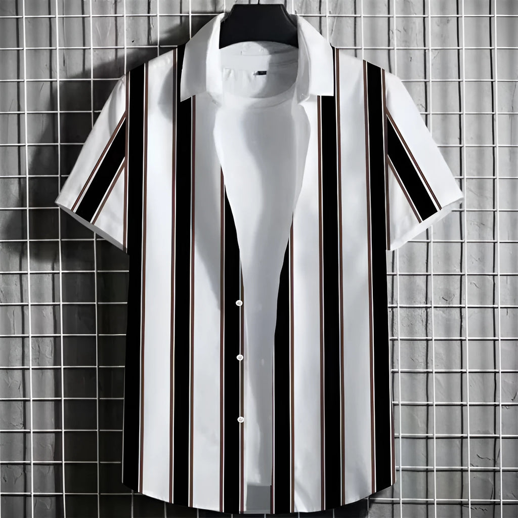 Man wearing a linen t-shirt with a striped and 3D printed graphic design.