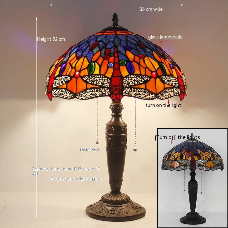 Tiffany style dragonfly stone table lamp with blue or green glass pattern and stone base for bedroom living room