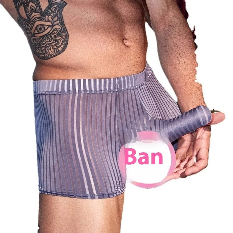 Men's vertical stripe boxer briefs in black nylon fabric showing stretch and pattern detail