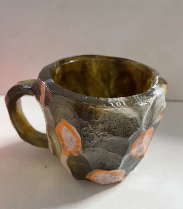 Clear resin coffee mug with crystal texture and handle in assorted colours