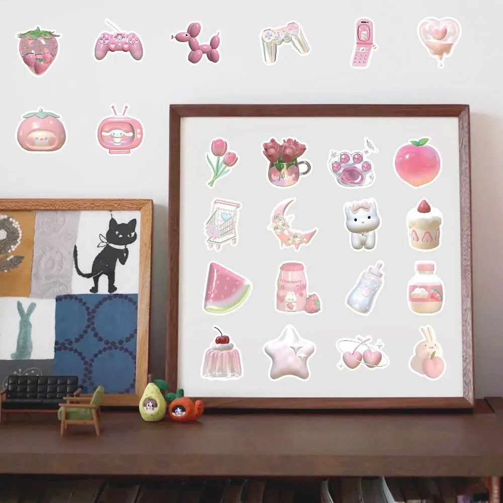 63-piece set of 3D decorative heart stickers in light pink colours with two cute pattern designs.