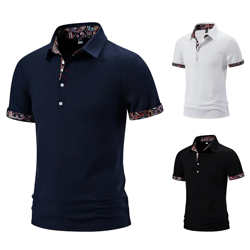 Men's white cotton blend polo shirt with colour stitching and short sleeves on a hanger.