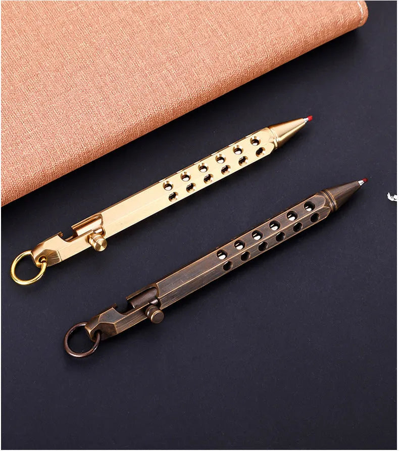 Brass hexagonal bolt pen with 0.5MM refill in natural or black finish measuring 13cm