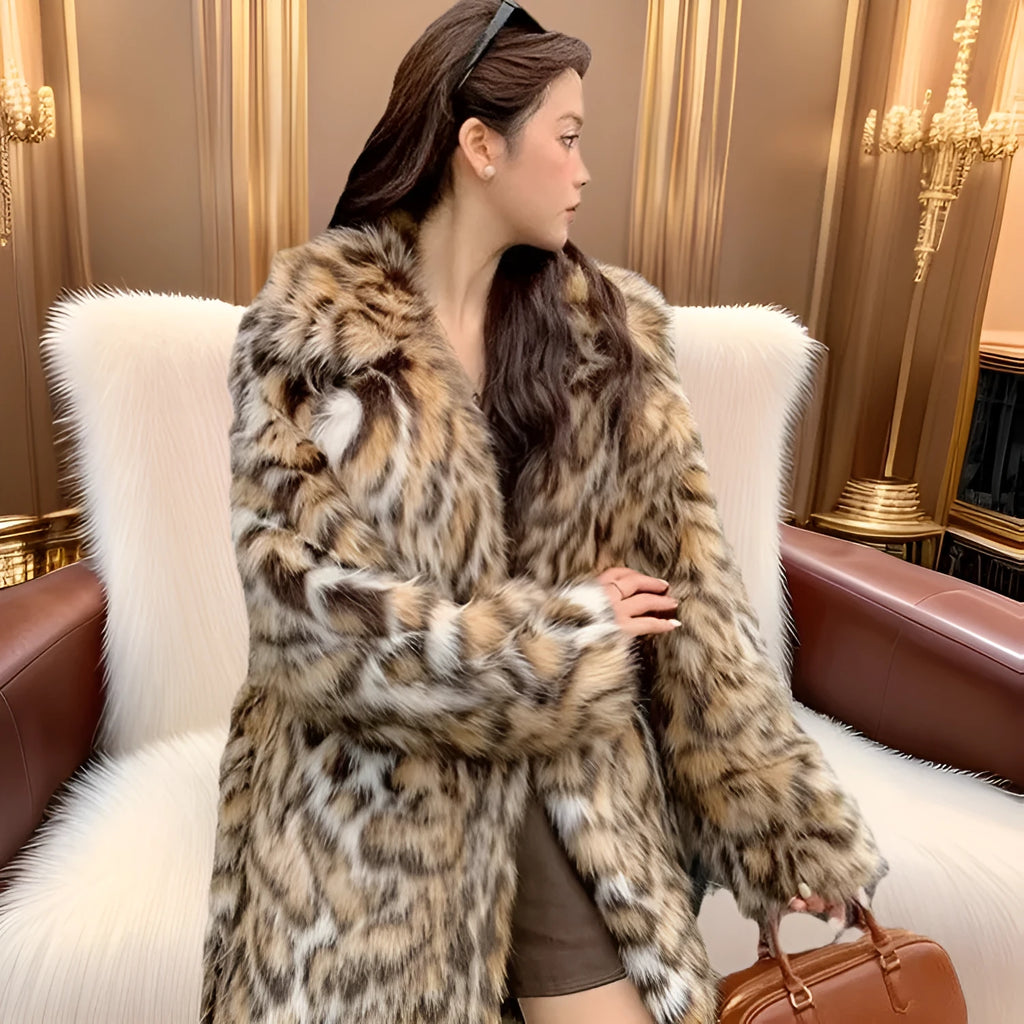 Women's faux fur street fashion coat with fur collar and pockets in various sizes
