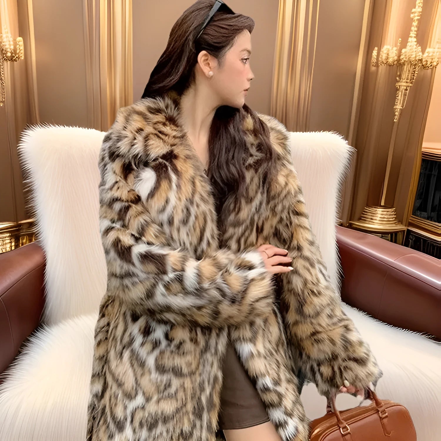 Women's faux fur street fashion coat with fur collar and pockets in various sizes