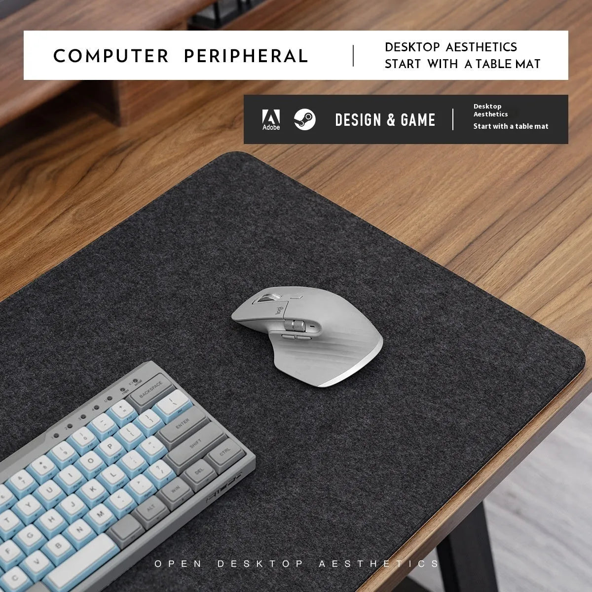 Japanese style simple desk mat with felt Cork construction in black gray pattern showing non-slip surface