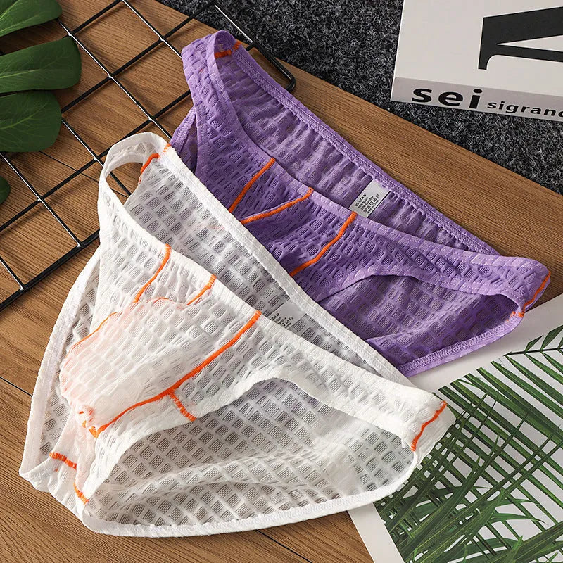 Men's ice silk lace low waist briefs on a white background, shown in multiple colour options.