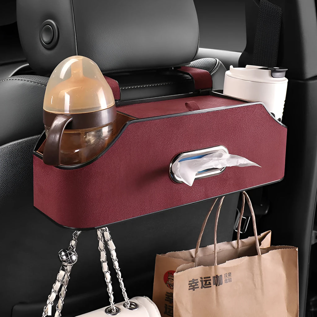 Genuine leather car storage box with tissue compartment and drink holder in beige colour
