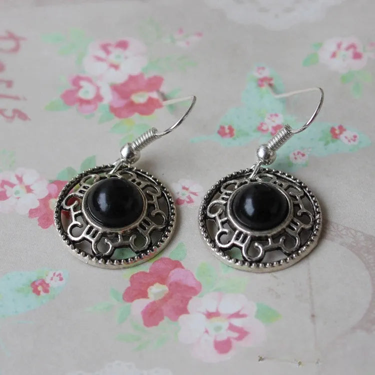 Miao silver retro turquoise flower disk earrings with geometric ethnic patterns