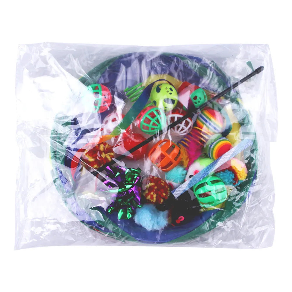 Plastic cat toy set with interactive tunnel and colourful accessories for indoor feline play