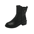 Women's black low heel ankle boots with side zip and round toe design