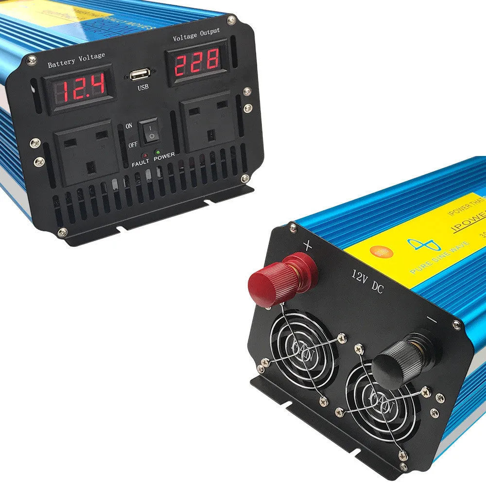 Blue 3000W pure sine wave power inverter with digital display and UK plug socket