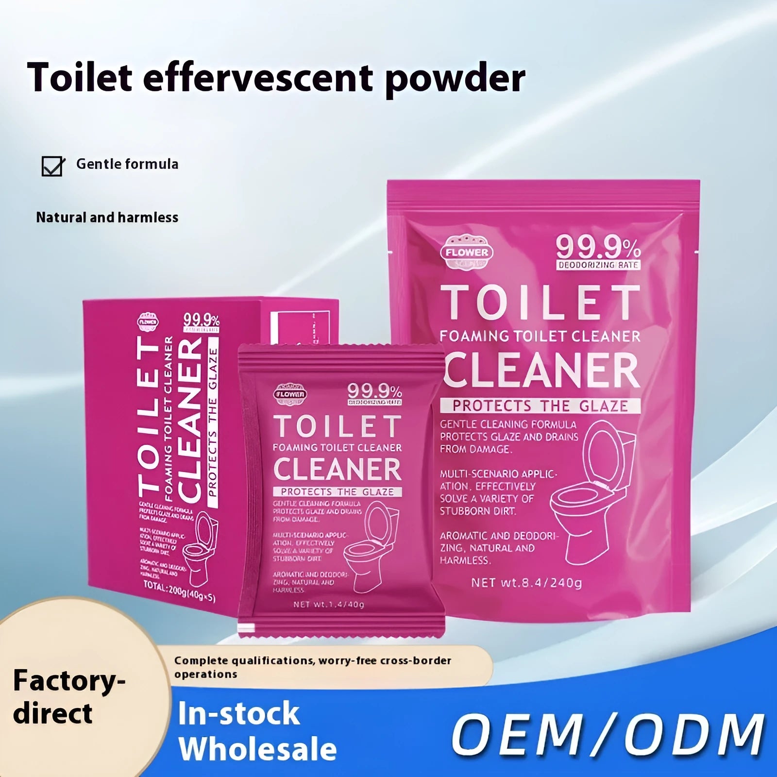 Toilet bubble powder cleaner in blue or pink fragrance, in a 240g bag or box of 40g sachets.