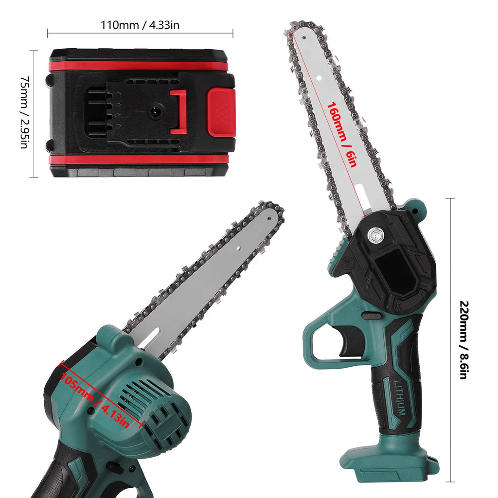 Black mini electric chainsaw with 4-inch guide bar held in one hand, showing compact size.