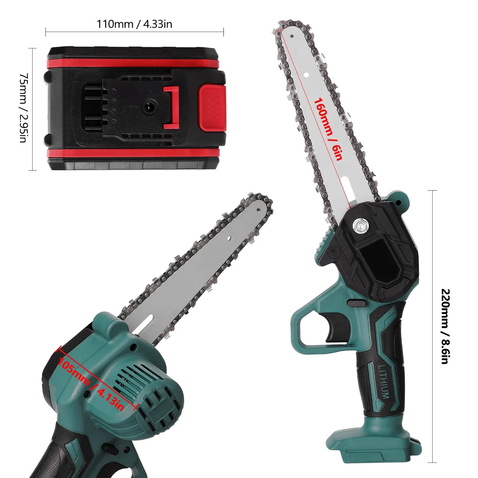 Black mini electric chainsaw with 4-inch guide bar held in one hand, showing compact size.