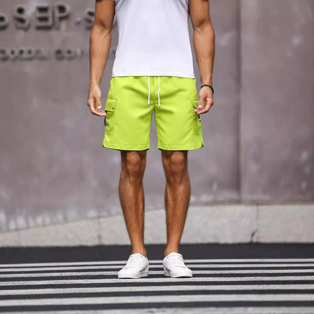 Men's loose fit street style work shorts in fluorescent green and army green colours.