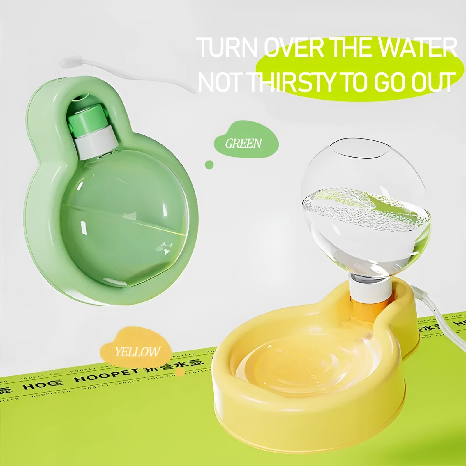 Green portable dog water bottle with retractable drinking bowl for travel and outdoor use.