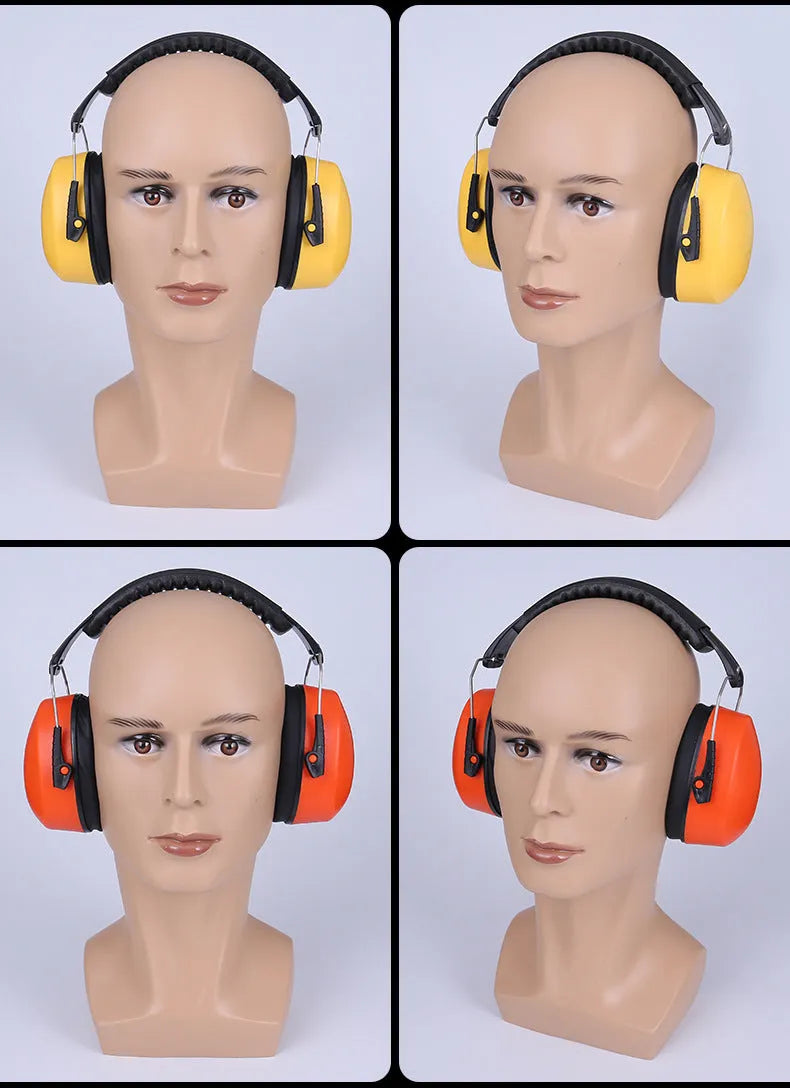 Orange head-mounted noise-cancelling headphones and protective earmuffs on a white background.