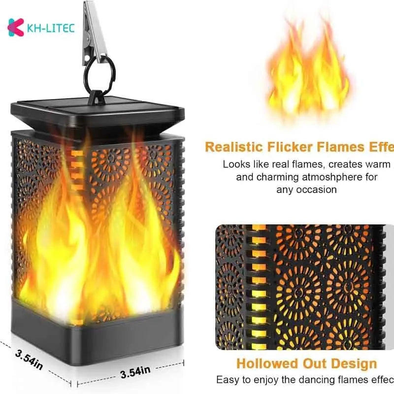 Four black solar-powered hanging torch lights with flickering flame LED effect for outdoor gardens.
