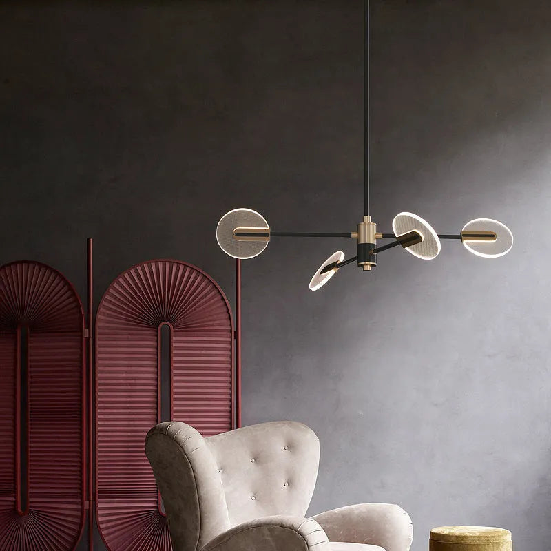 Nordic style iron and acrylic LED chandelier pendant lamp with multiple heads.