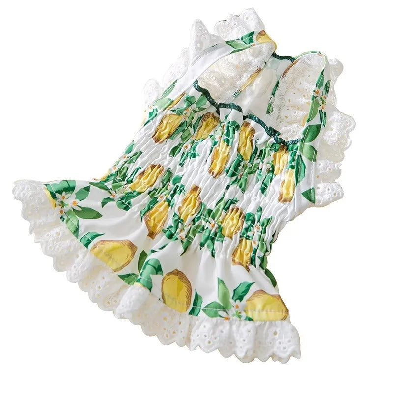 Rock yellow lemon polyester princess-style dog skirt dress with thin breathable fabric and straps.