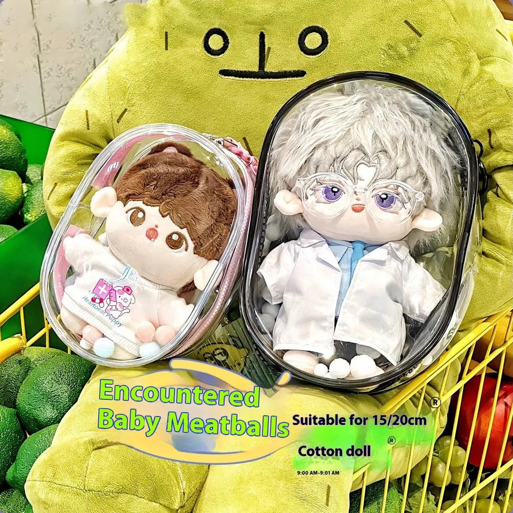 Transparent PVC cube storage bag for cotton dolls with colourful ball keychain in 17cm size.