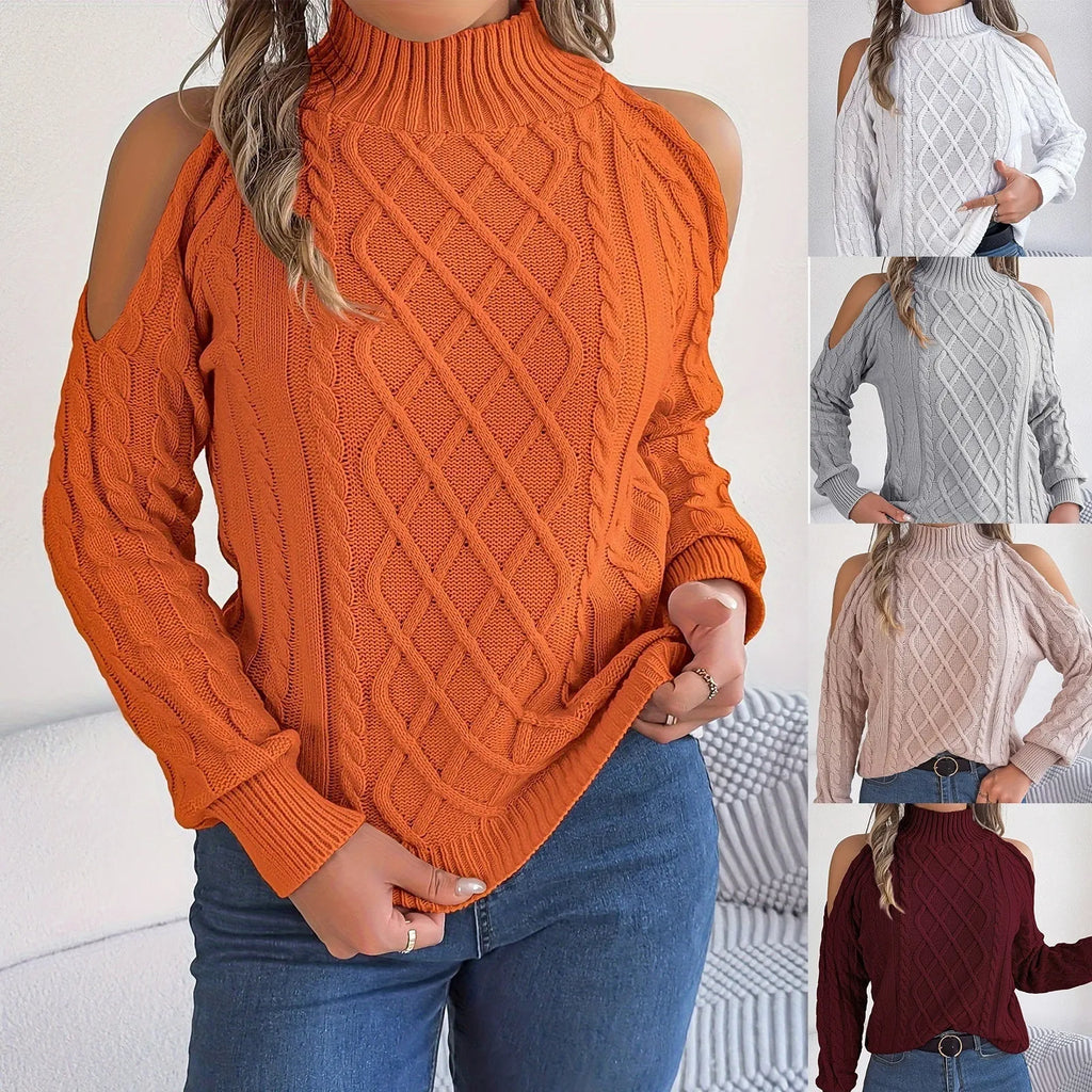 Gray women's twisted knit strapless sweater with half-high collar and long lantern sleeves