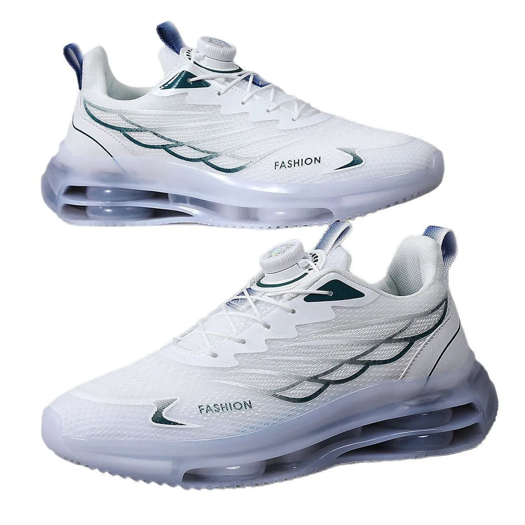 White Korean style casual shoes with rotating button lace-up and mesh upper