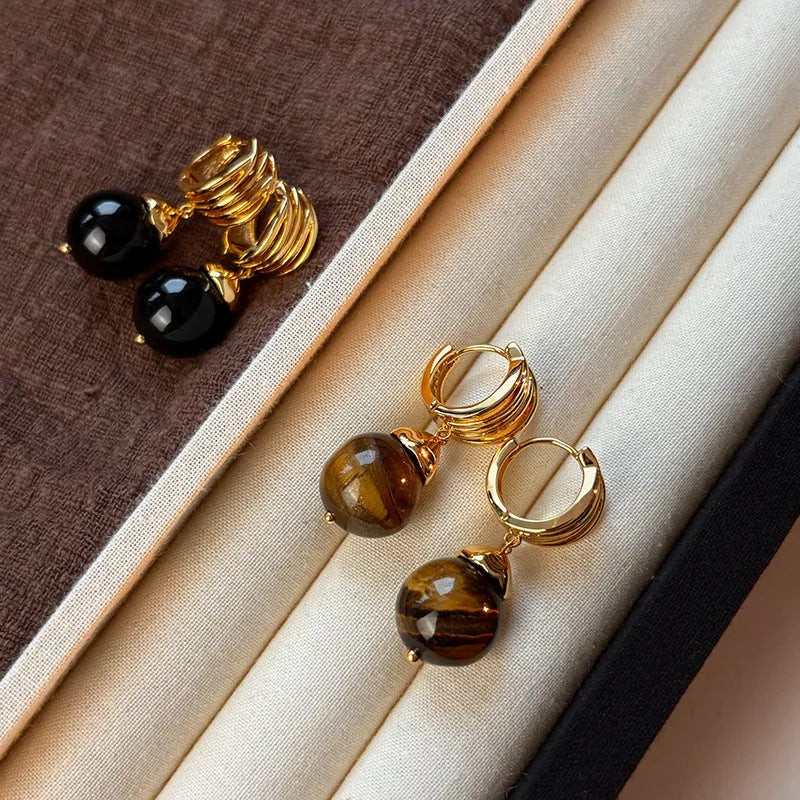 Gold-plated geometric earrings with tigereye stone beads in French retro style