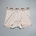 Men's loose fitting silk shorts in navy blue, shown on a mid-waist.