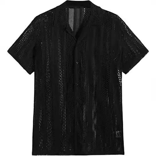 Men's white knitted short-sleeve button shirt with jacquard texture and regular fit