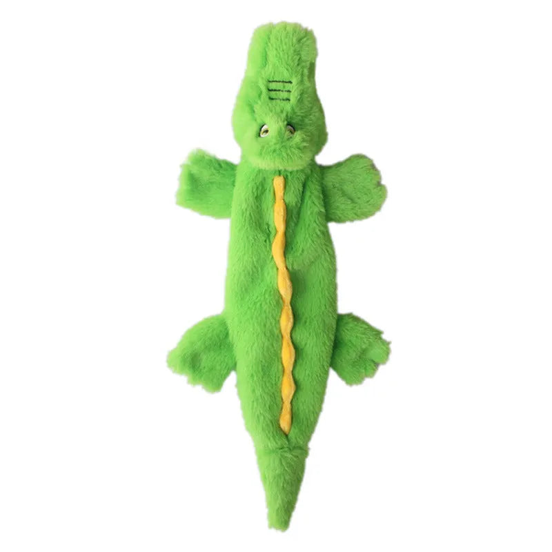 Green crocodile-shaped plush dog chew toy with no stuffing for aggressive chewers