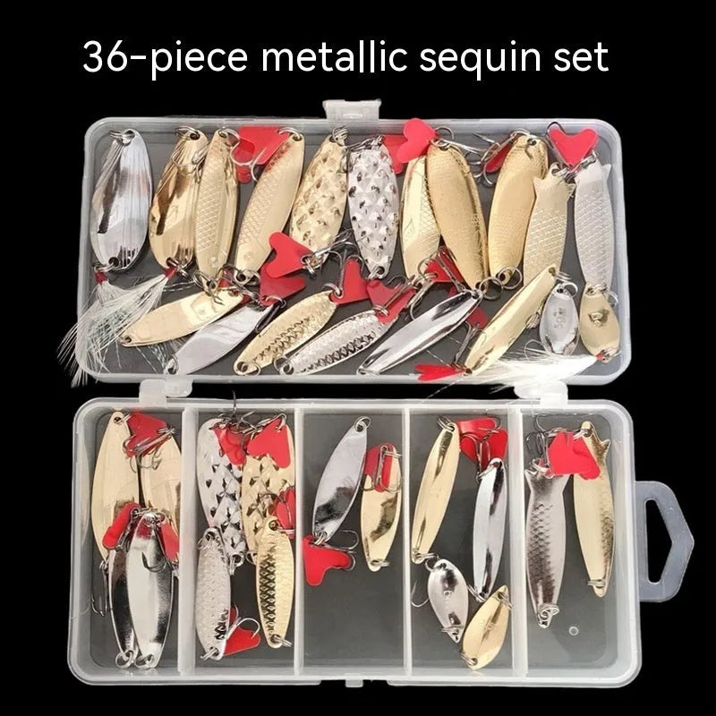 Box of pineapple sequin fishing lure crafting components with metal sequins and multi-colour fabric.