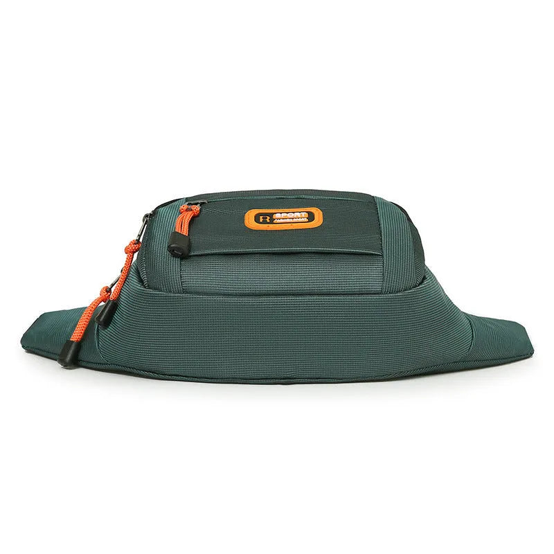 Large black slanted chest bag made of nylon with a polyester lining, shown worn cross-body.