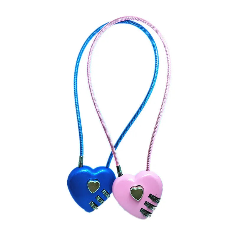 Peach heart design wire rope lock in ABS plastic, shown with steel cable, for securing bicycle helmets.