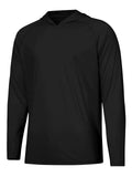 Man wearing a thin grey long sleeve hooded outdoor top for UV protection during fishing or hiking.