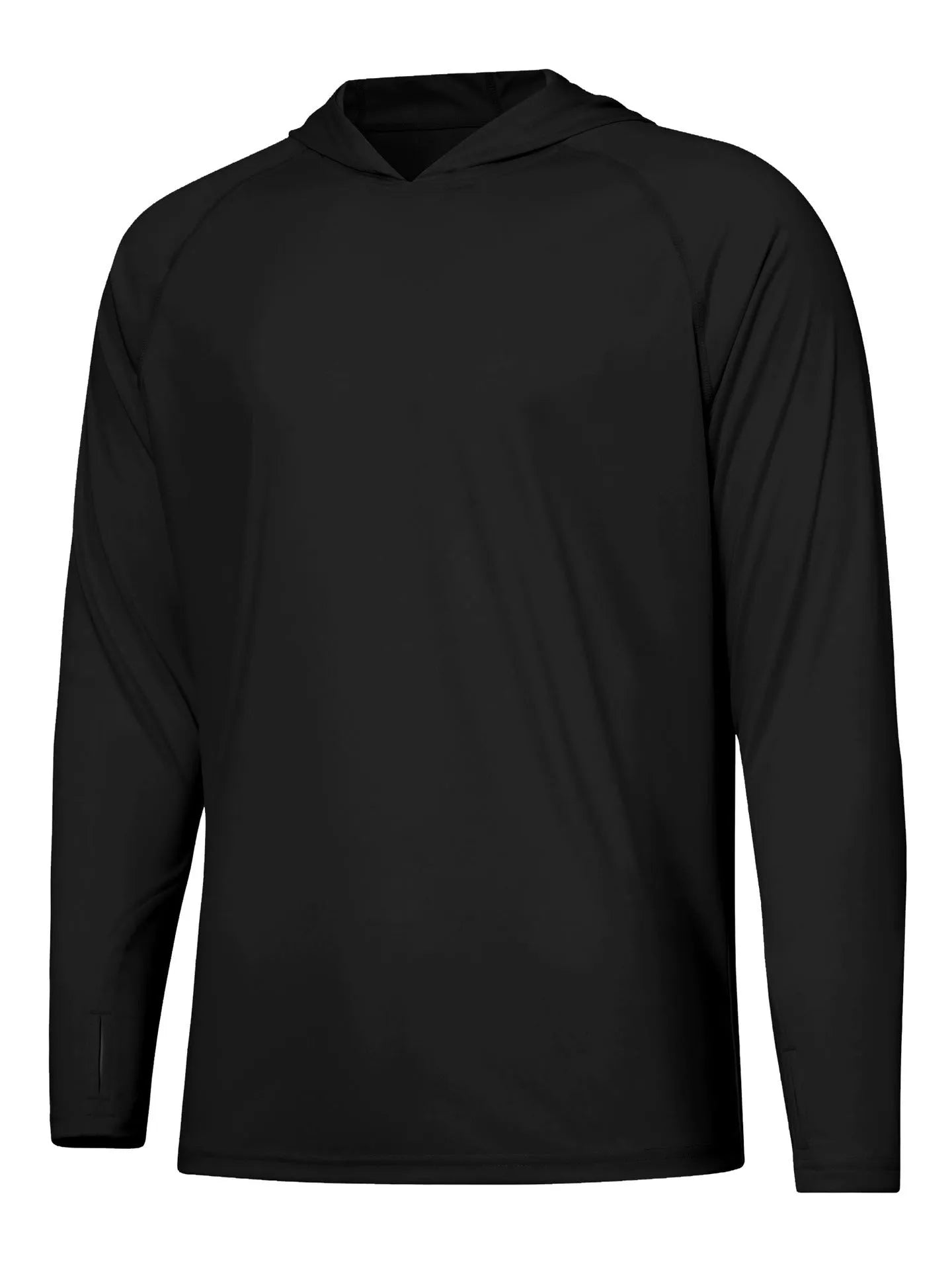 Man wearing a thin grey long sleeve hooded outdoor top for UV protection during fishing or hiking.