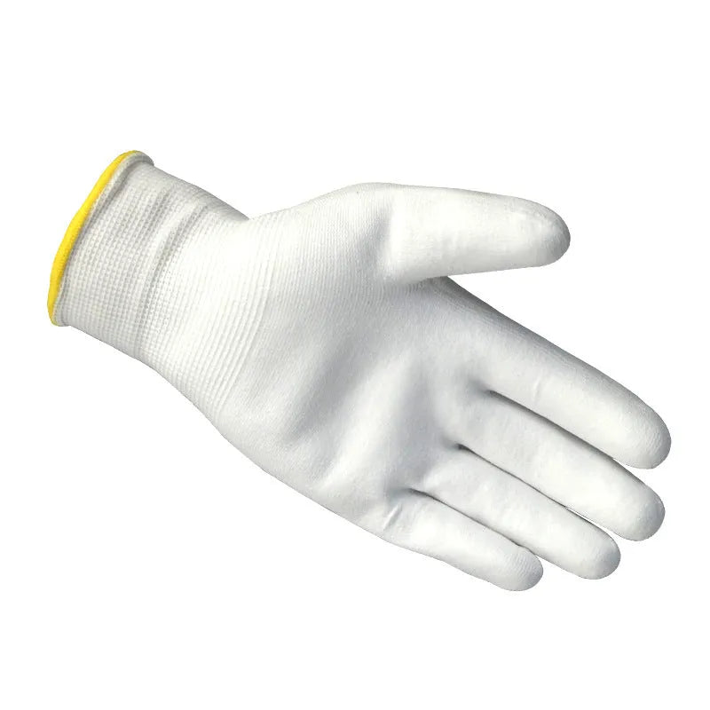 White PU-coated work gloves showing flexible construction and 24 cm length with wrist coverage